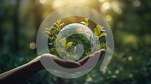 Human hands holding earth sphere crystal with sunlight, green nature background, concept of conservation environmental. AI