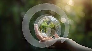 Human hands holding earth sphere crystal with sunlight, green nature background, concept of conservation environmental. AI