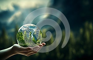 Human hands holding earth sphere crystal with sunlight, green nature background, concept of conservation environmental. AI