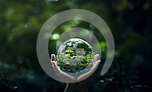 Human hands holding earth sphere crystal with sunlight, green nature background, concept of conservation environmental. AI