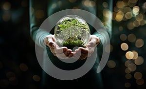 Human hands holding earth sphere crystal with sunlight, green nature background, concept of conservation environmental. AI