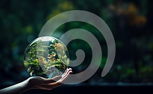 Human hands holding earth sphere crystal with sunlight, green nature background, concept of conservation environmental. AI