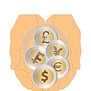 Human hands holding five different coins