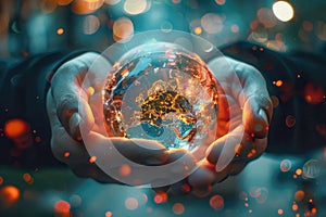 Human hands holding glowing earth globe. World technology concepts