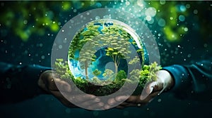 Human hands holding a glowing globe with green forest inside. Ecology concept