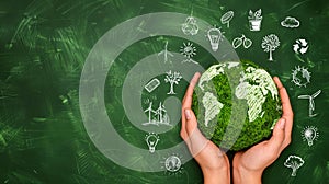 Human hands holding a green globe, encircled by hand-crafted white icons of environmentalism and energy saving