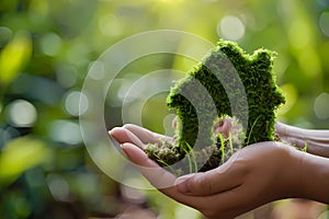 Human hands holding green house model in nature background. Ecology concept. Ai generated