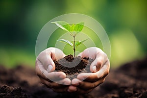 Human Hands holding green seedling growing in soil on blurred nature background