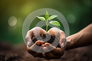 Human hands holding a green sprout growing from soil on blurred nature background, Human hands holding a small plant with soil on