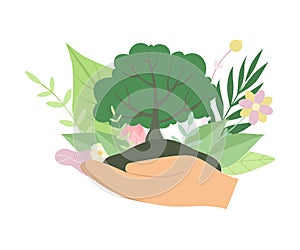 Human Hands Holding Green Tree, Environmental Protection, Ecology Vector Illustration