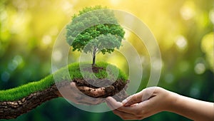 Human hands holding green tree on nature background. Save earth concept.