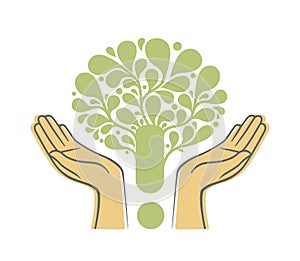 Human hands holding green tree symbol. Concept illustration for environment care or help project