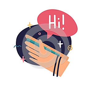 Human hands are holding a phone. Icon of hands a smartphone for communication. Cartoon style. Vector.