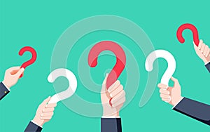 Human hands holding question mark, FAQ in flat design style, illustration