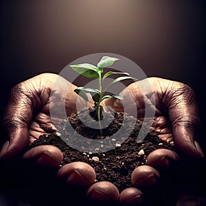 human hands holding a small seedling in soil