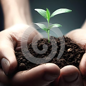 human hands holding a small seedling in soil