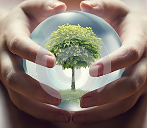 Human hands holding a small tree
