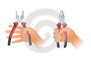 Human hands holding two pairs of pliers. Repair tool illustration.