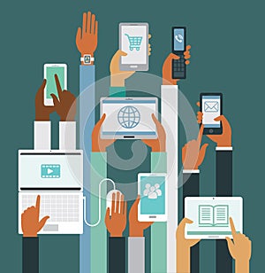 Human hands holding various smart devices