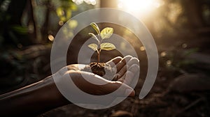 Human hands holding a young plant growing in the soil with sunlight background