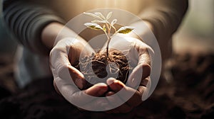 Human hands holding a young plant growing in the soil with sunlight background