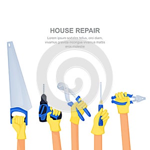 Human hands with home repair tools and equipment. House building banner or poster design template. Vector illustration