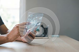 Human hands interacting with transparent AI interface