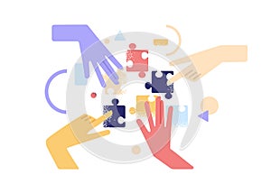 Human hands joining and connecting puzzle pieces together. Teamwork and partnership concept. Business team finding