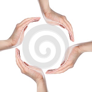 Human hands making a circle on white background