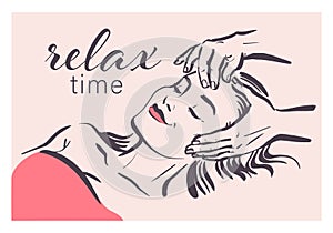 Human hands massaging beautiful lady model laying. Hand drawn sketch vector illustration. Face massage.