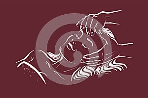 Human hands massaging beautiful lady model laying. Hand drawn sketch vector illustration.