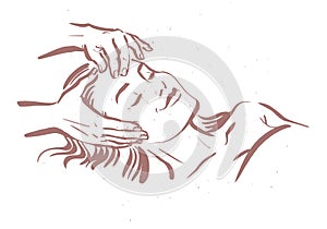 Human hands massaging beautiful lady model laying. Hand drawn sketch vector illustration.