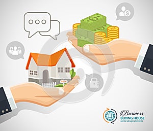 Human hands with money and building house. Flat style concept design illustration.