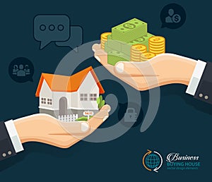 Human hands with money and building house. Flat style concept design illustration.