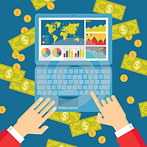 Human Hands with Notebook, Infographics and Dollars Money - Business Trend Illustration