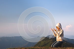 Human hands open palm up worship., Concept for Christian, Christianity, Catholic religion, divine, heavenly, celestial or god