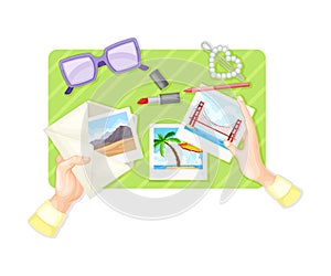 Human Hands Opening Envelope with Postal Card at Table Above View Vector Illustration