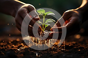 Human hands planting a small seedling in the ground closeup, a green plant in the soil, growth and development concept, AI