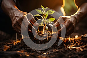 Human hands planting a small seedling in the ground closeup, a green plant in the soil, growth and development concept, AI