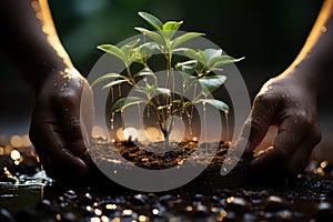 Human hands planting a small seedling in the ground closeup, a green plant in the soil, growth and development concept, AI