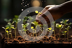 Human hands planting a small seedling in the ground closeup, a green plant in the soil, growth and development concept, AI