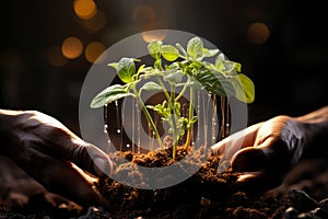 Human hands planting a small seedling in the ground closeup, a green plant in the soil, growth and development concept, AI