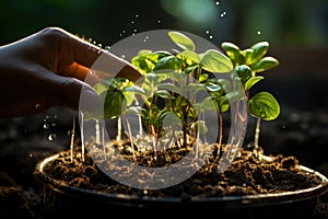 Human hands planting a small seedling in the ground closeup, a green plant in the soil, growth and development concept, AI