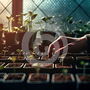 Human hands planting sprouts fresh plant seedlings or flowers in a home greenhouse, AI generative image of gardening and