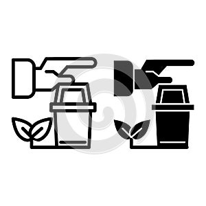 Human hands and pot with sprout line and glyph icon. Bucket and plant vector illustration isolated on white. Gardening