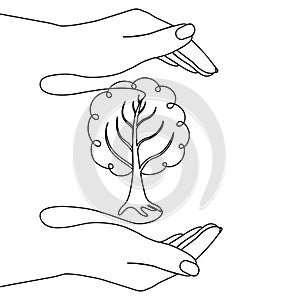 Human hands protect the tree. The drawing is made by a solid line.