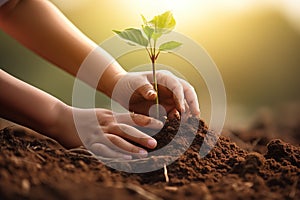 Human hands put a tree into the soil