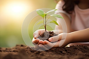 Human hands put a tree into the soil