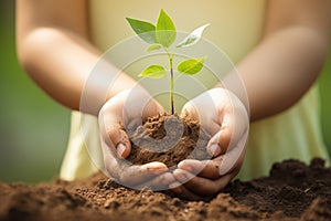 Human hands put a tree into the soil