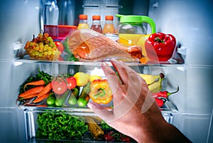 Human hands reaching for turkey leg food at night in the open refrigerator